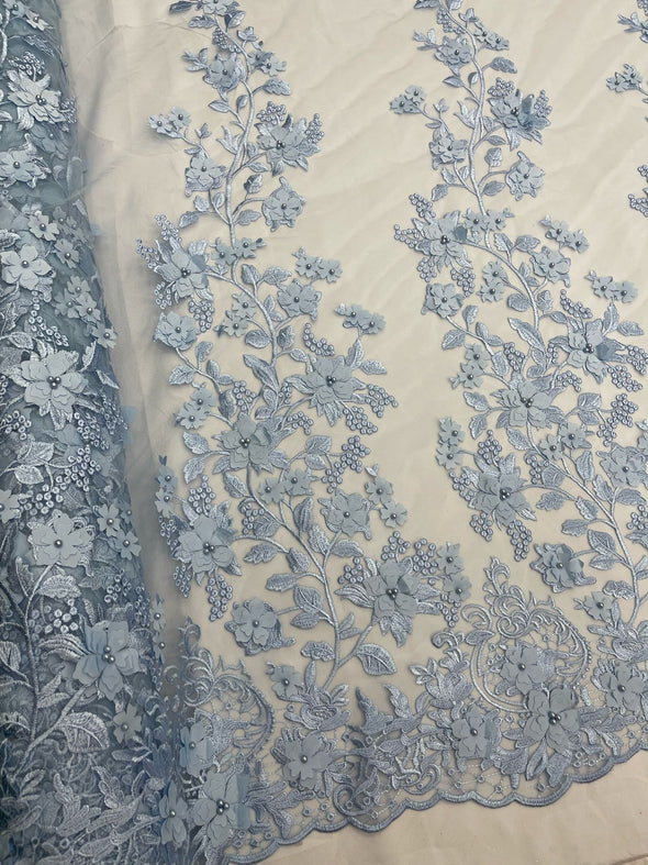 Light Blue 3D floral design embroider and beaded with pearls on a mesh lace-prom-dresses-nightgown-apparel-fashion-Sold by yard