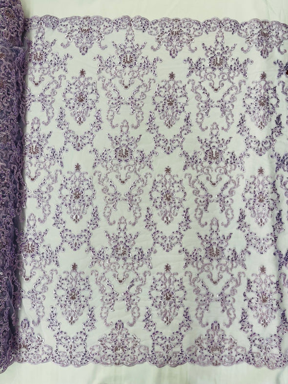 Damask embroider with sequins and heavy beaded on a mesh lace fabric-sold by the yard-