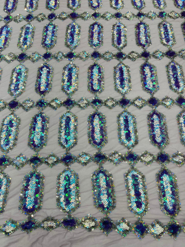 Lilac Aqua On Lilac Multi Color Iridescent Jewel Sequin Design On a 4 Way Stretch Mesh Fabric - Sold By The Yard
