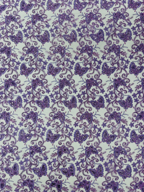 Lilac Metallic Corded Lace/ Butterfly Design Embroidered With Sequin on a Mesh Lace Fabric