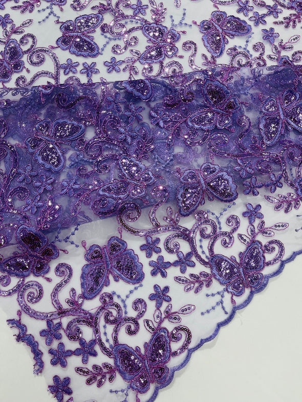 Lilac Metallic Corded Lace/ Butterfly Design Embroidered With Sequin on a Mesh Lace Fabric
