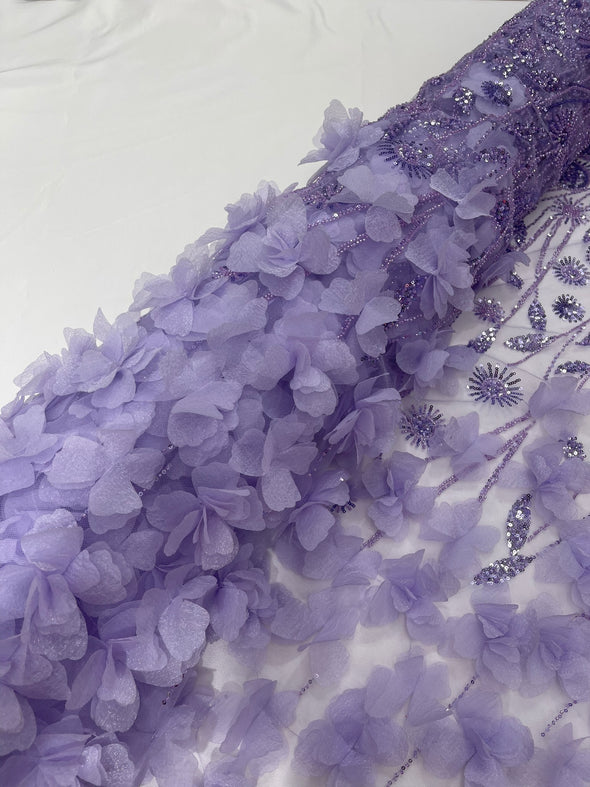 Lilac Luxury 3D Floral/Butterfly Beaded Lace, Sold by The Yard.