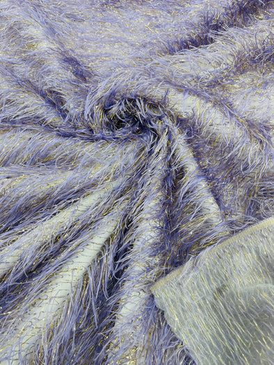Lilac Shaggy Jacquard Faux Ostrich/Eye Lash Feathers Sewing Fringe With Metallic Thread Fabric By The Yard