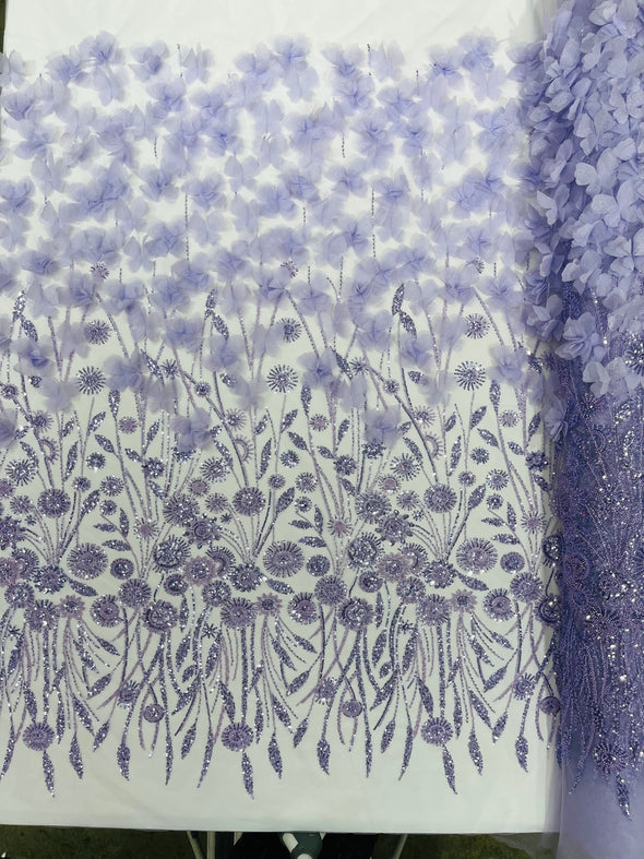 Lilac Luxury 3D Floral/Butterfly Beaded Lace, Sold by The Yard.