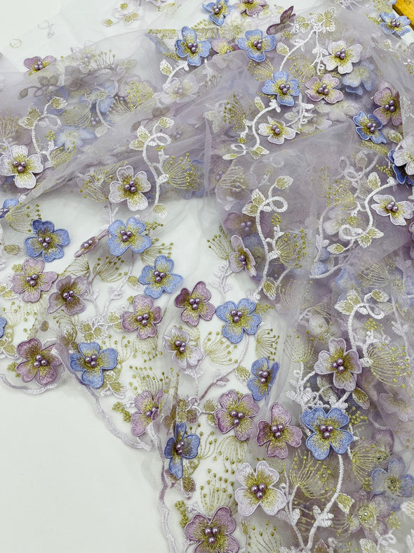Multi Color 3D Floral Design Embroider with Pearls in a Mesh Lace -Sold by the yard.