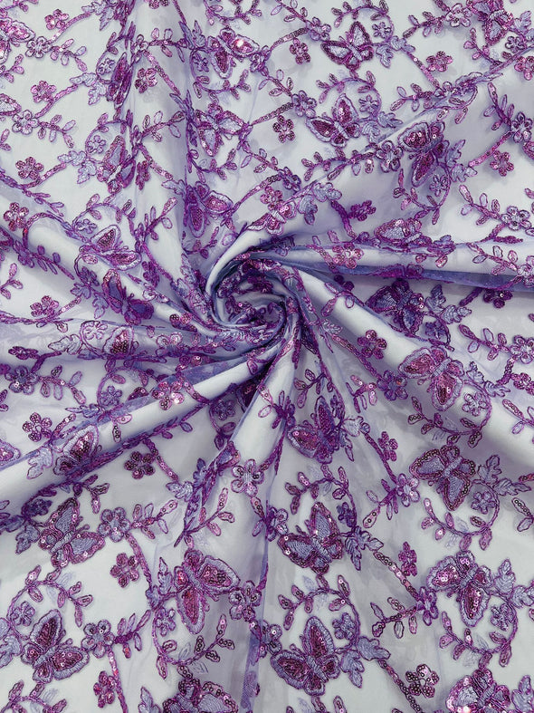 Lilac Corded Lace/Small Butterfly Design Embroidered with Sequin on a Mesh Lace Fabric.