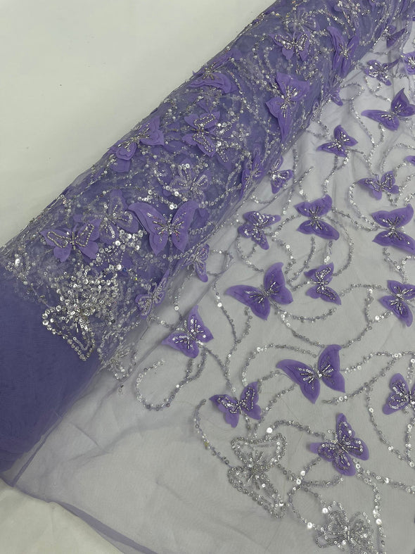 Lilac 3D Butterfly Design Embroider and Beaded on a Mesh Lace-Prom-Sold by yard.