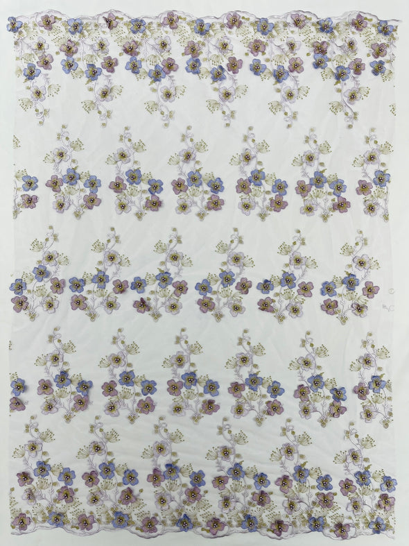 Multi Color 3D Floral Design Embroider with Pearls in a Mesh Lace -Sold by the yard.