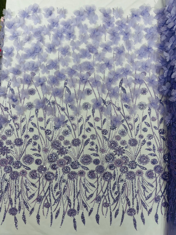 Lilac Luxury 3D Floral/Butterfly Beaded Lace, Sold by The Yard.