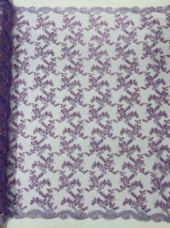 Lilac Flower lace corded and embroider with sequins on a mesh- Sold by the yard