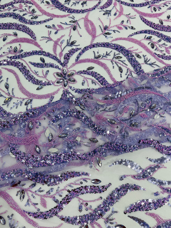 Lilac Vine Design Embroider And Heavy Beading/Sequins On A Mesh Lace Fabric/Wedding Lace/Costplay.