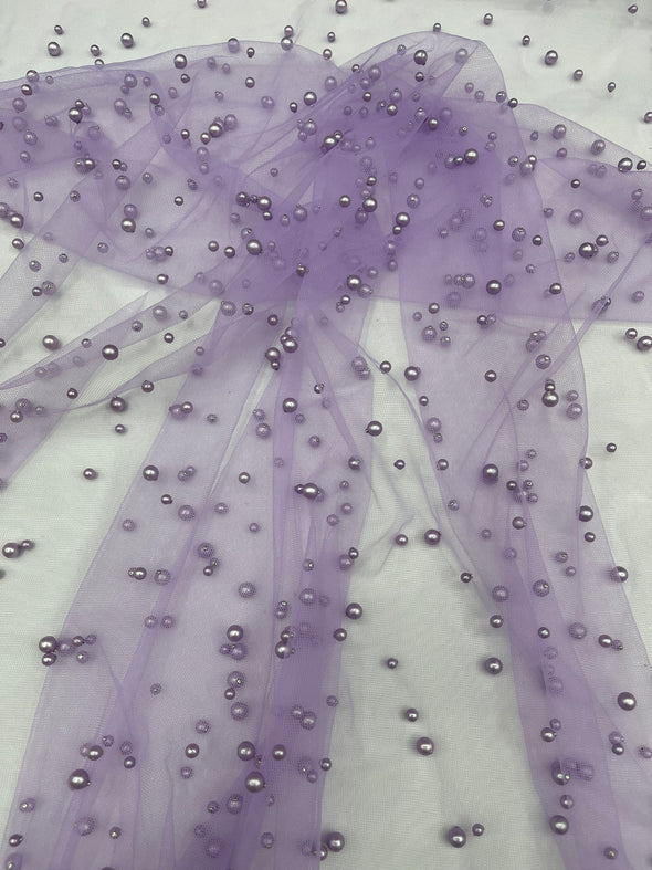 Heavy Scattered Pearls Studded Mesh, 2-Way Stretch, Sold By The Yard.