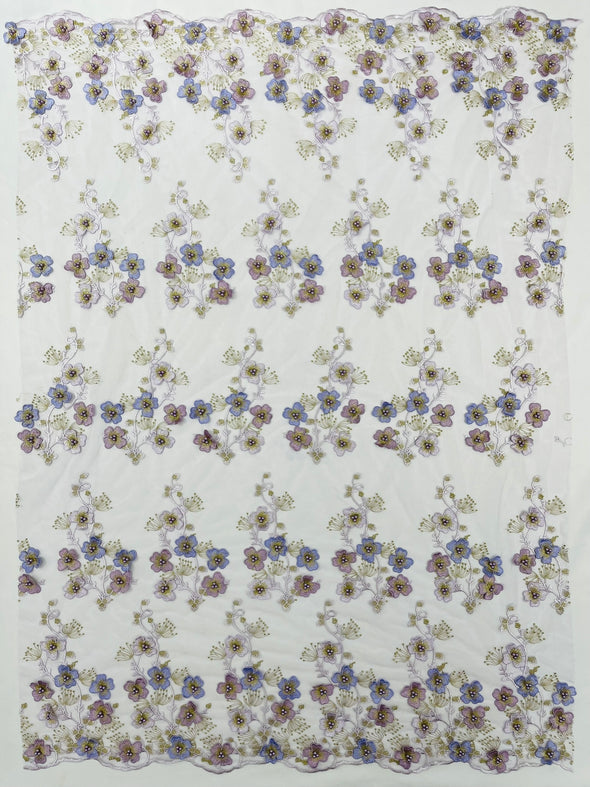 Multi Color 3D Floral Design Embroider with Pearls in a Mesh Lace -Sold by the yard.