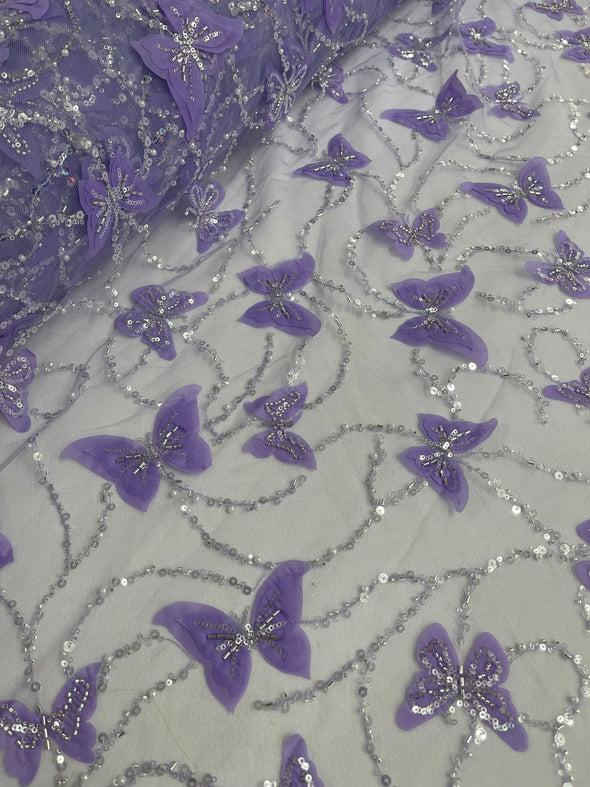 Lilac 3D Butterfly Design Embroider and Beaded on a Mesh Lace-Prom-Sold by yard.