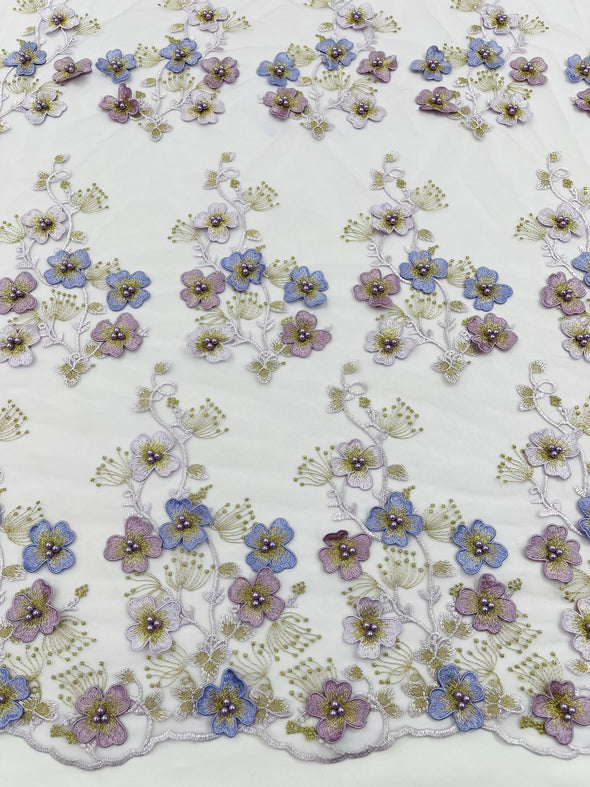 Multi Color 3D Floral Design Embroider with Pearls in a Mesh Lace -Sold by the yard.