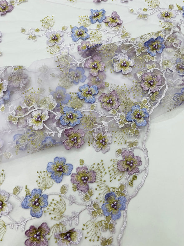 Multi Color 3D Floral Design Embroider with Pearls in a Mesh Lace -Sold by the yard.