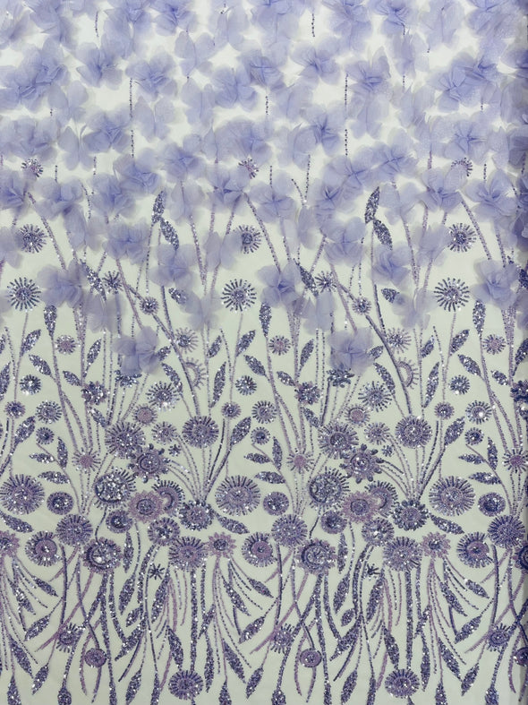 Lilac Luxury 3D Floral/Butterfly Beaded Lace, Sold by The Yard.