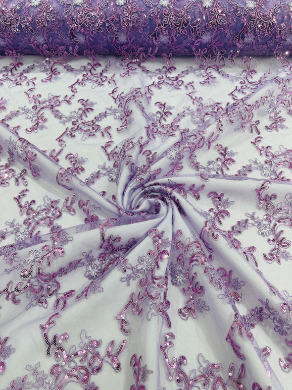 Lilac Flower lace corded and embroider with sequins on a mesh- Sold by the yard