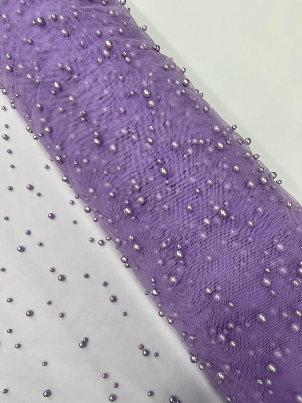 Heavy Scattered Pearls Studded Mesh, 2-Way Stretch, Sold By The Yard.