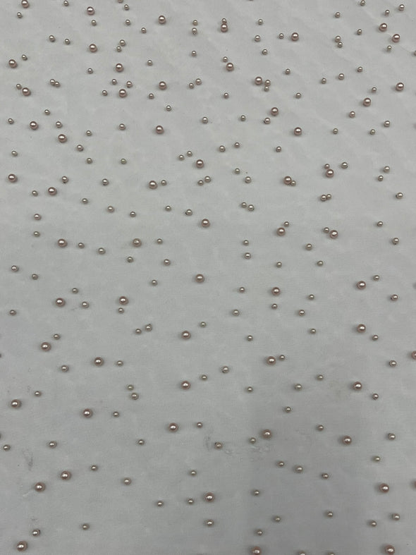 Heavy Scattered Pearls Studded Mesh, 2-Way Stretch, Sold By The Yard.