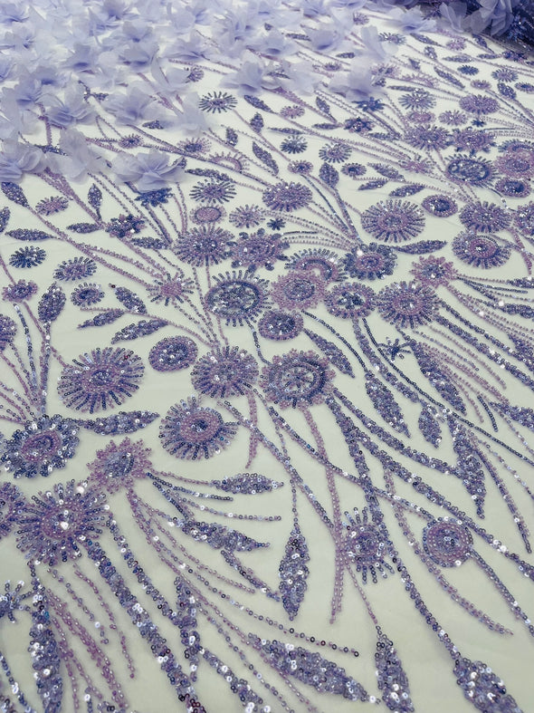 Lilac Luxury 3D Floral/Butterfly Beaded Lace, Sold by The Yard.