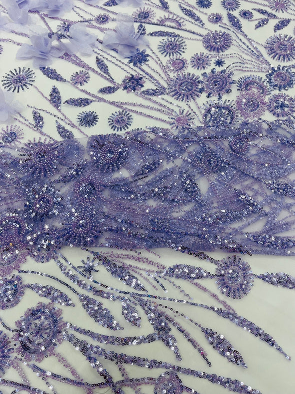 Lilac Luxury 3D Floral/Butterfly Beaded Lace, Sold by The Yard.