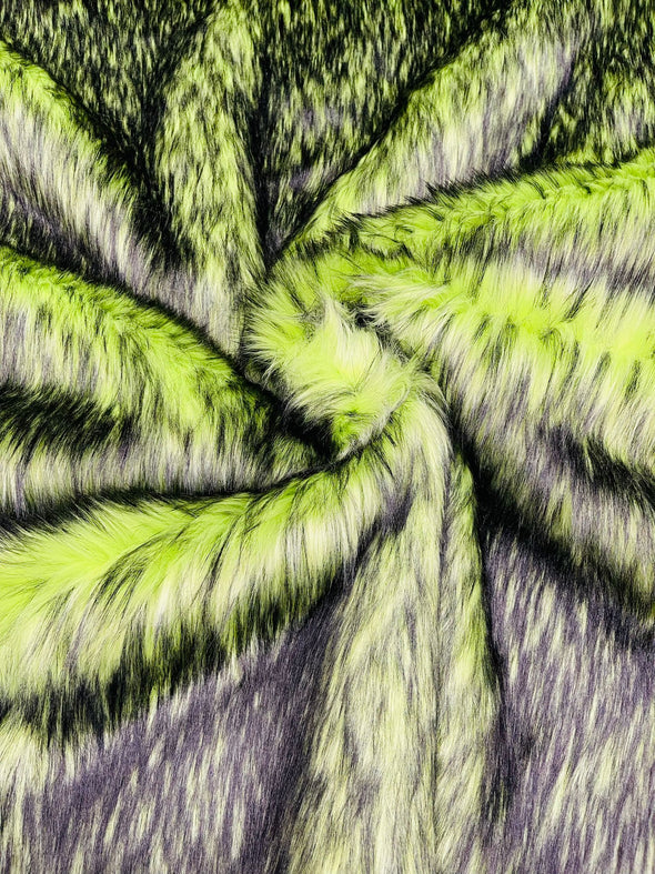 Lime Green- Black Husky Faux Fur, 2 Tone Shaggy Faux Fur 60" Wide.