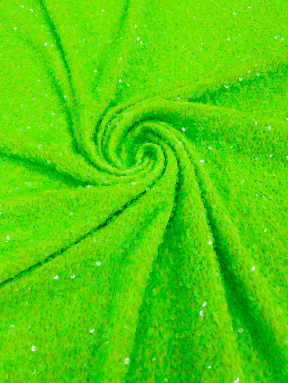 Lime Green Holographic  54" Stretch Velvet with Luxury Sequins All Over 5mm Shining Sequins 2-Way Stretch. Sold by the yard.