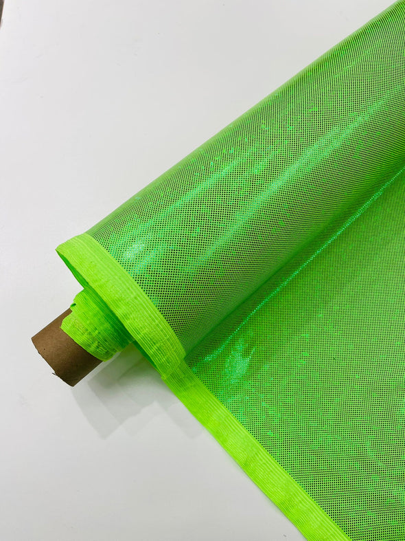 Lime Green Shattered Glass Foil Hologram/58” Wide/4 Way Stretch Spandex Nylon Tricot. Sold by the yard.