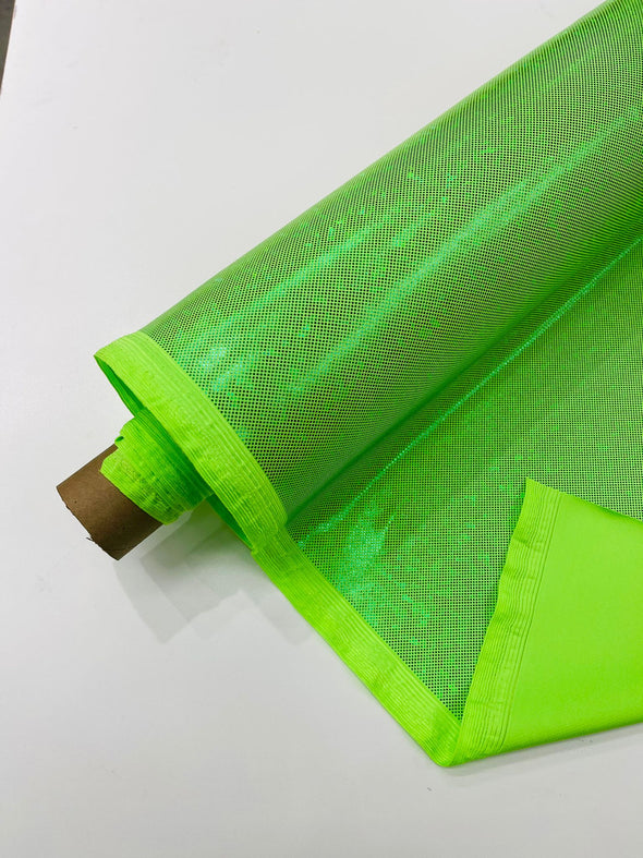 Lime Green Shattered Glass Foil Hologram/58” Wide/4 Way Stretch Spandex Nylon Tricot. Sold by the yard.