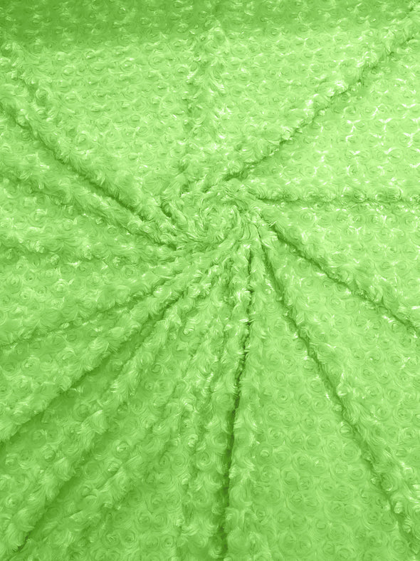 Lime 58" Wide Minky Swirl Rose Blossom Ball Rosebud Plush Fur Fabric Polyester-Sold by Yard.