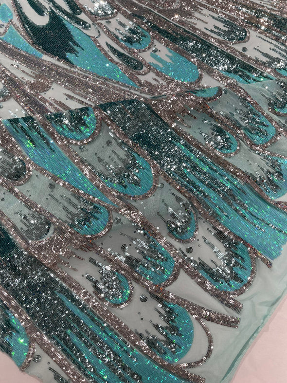 Mint Silver Aqua On Mint Iridescent Feather sequin design on a Blue 4 way stretch mesh Fabric-prom- Sold by the yard