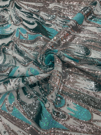 Mint Silver Aqua On Mint Iridescent Feather sequin design on a Blue 4 way stretch mesh Fabric-prom- Sold by the yard