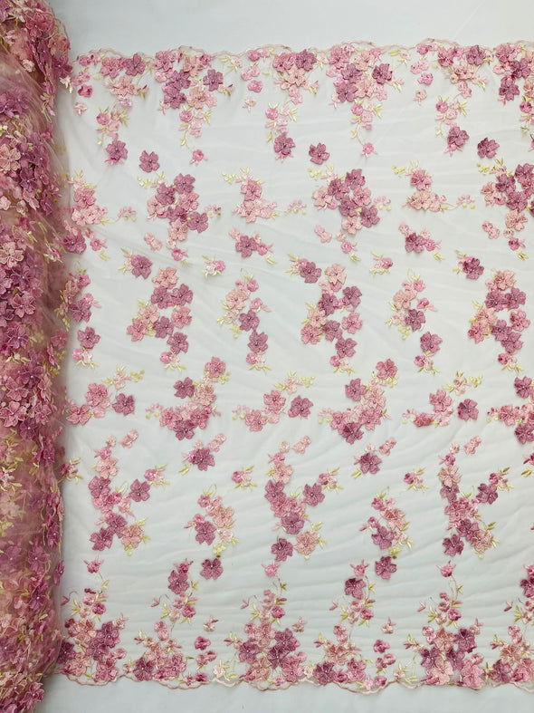 Multi Color 3D floral Chiffon design embroider with pearls in a mesh lace -Sold by the yard