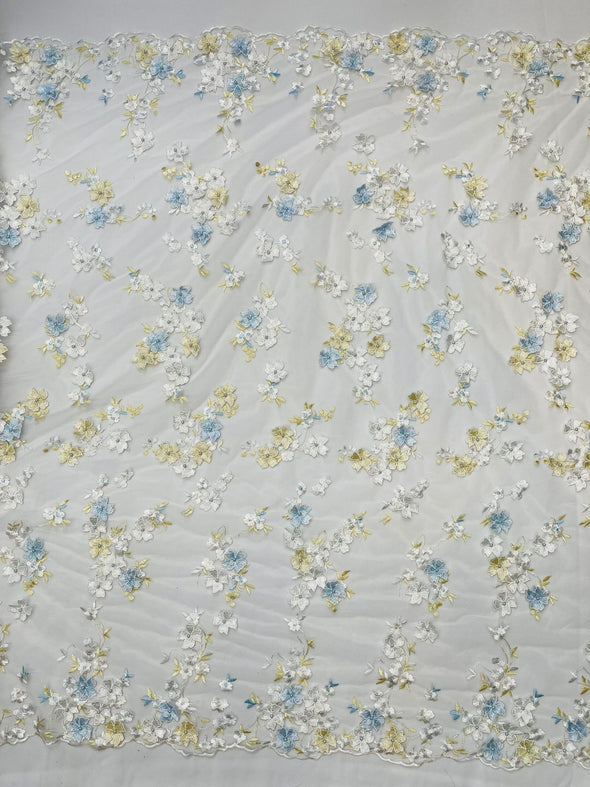Multi Color 3D floral Chiffon design embroider with pearls in a mesh lace -Sold by the yard