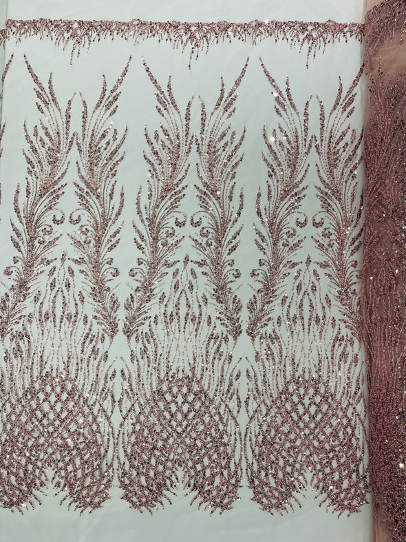 Mauve Feathers damask embroider and heavy beaded on a mesh lace fabric- Sold by the yard (Copy)
