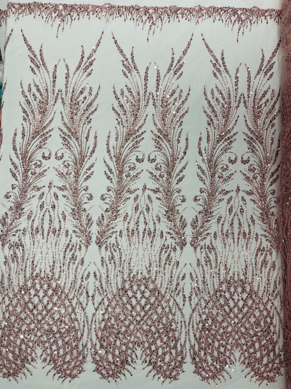 Mauve Feathers damask embroider and heavy beaded on a mesh lace fabric- Sold by the yard (Copy)
