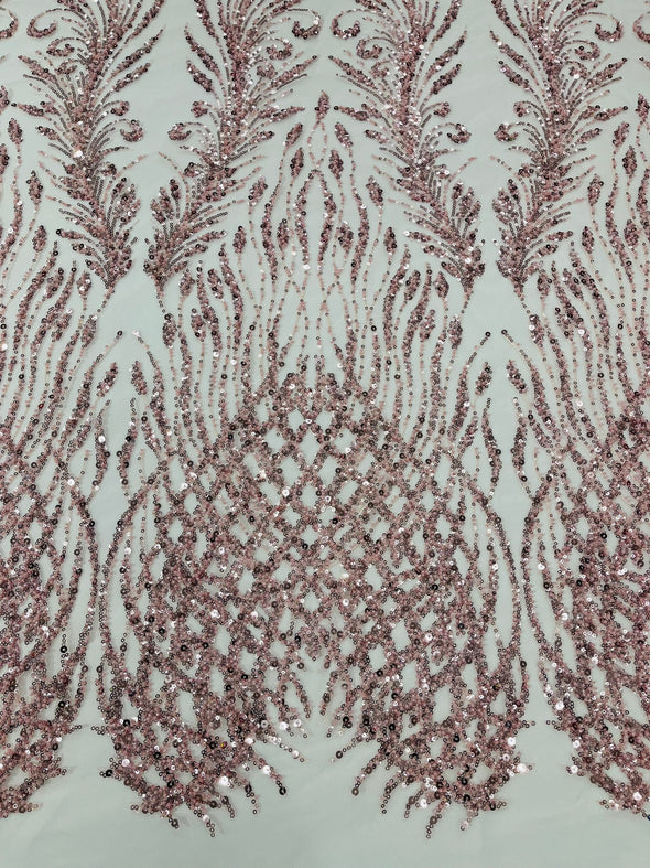 Mauve Feathers damask embroider and heavy beaded on a mesh lace fabric- Sold by the yard (Copy)