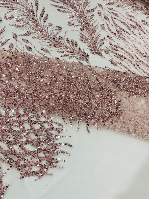 Mauve Feathers damask embroider and heavy beaded on a mesh lace fabric- Sold by the yard (Copy)