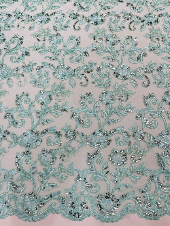 Mint Green Corded floral French Embroider With Sequins On a Mesh Lace Fabric-Prom-Sold By The Yard