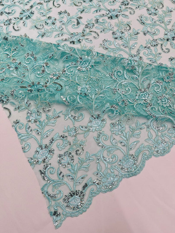 Mint Green Corded floral French Embroider With Sequins On a Mesh Lace Fabric-Prom-Sold By The Yard
