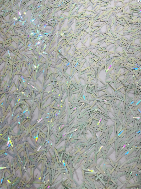 Mint Green  Iridescent  Sword Sequins Fabric/Big Sequins Fabric On White Mesh/54 Inches Wide.