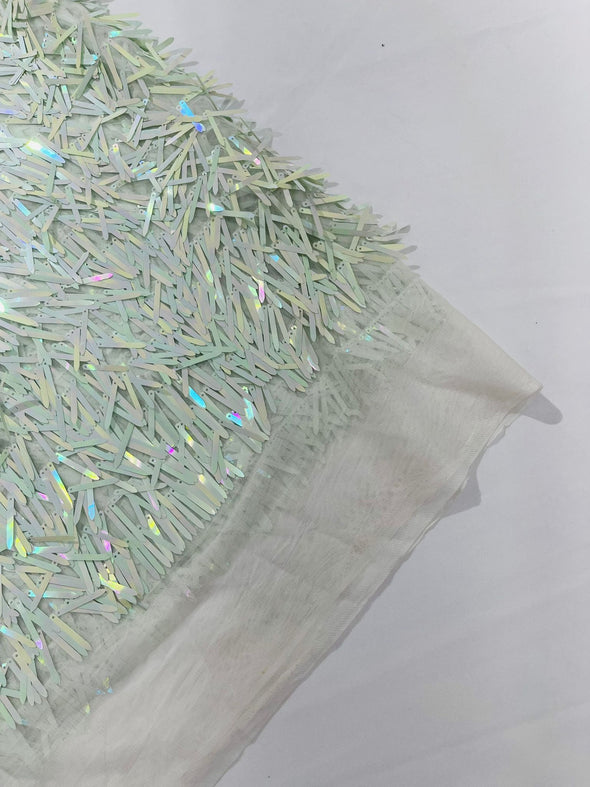 Mint Green  Iridescent  Sword Sequins Fabric/Big Sequins Fabric On White Mesh/54 Inches Wide.