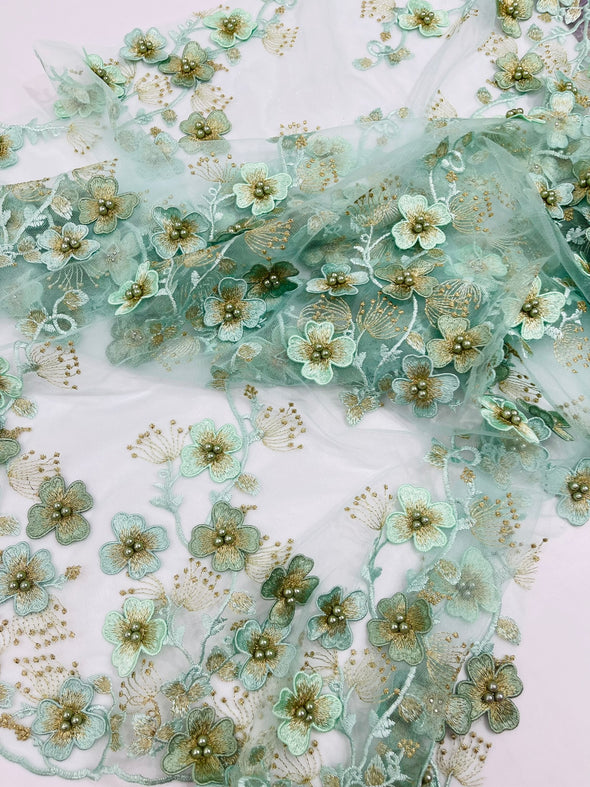 Multi Color 3D Floral Design Embroider with Pearls in a Mesh Lace -Sold by the yard.