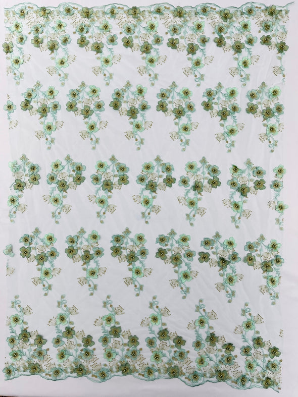 Multi Color 3D Floral Design Embroider with Pearls in a Mesh Lace -Sold by the yard.