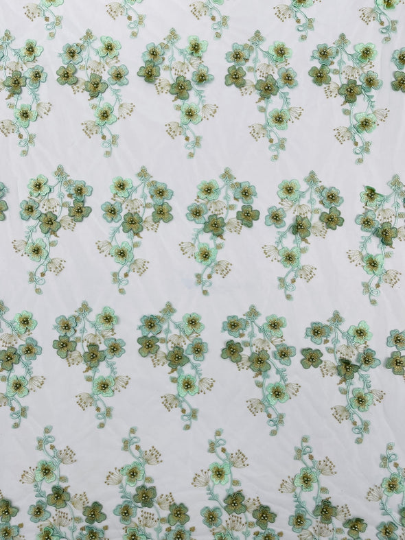Multi Color 3D Floral Design Embroider with Pearls in a Mesh Lace -Sold by the yard.