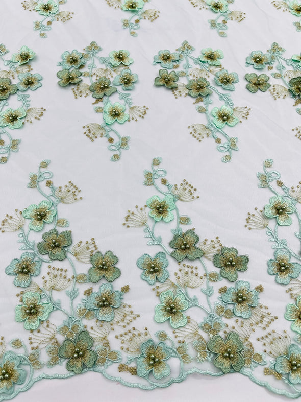 Multi Color 3D Floral Design Embroider with Pearls in a Mesh Lace -Sold by the yard.