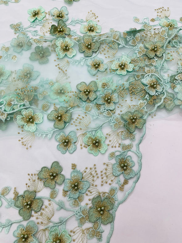 Multi Color 3D Floral Design Embroider with Pearls in a Mesh Lace -Sold by the yard.