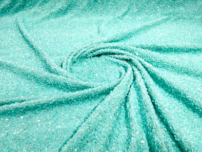 Mint Green 54" Stretch Velvet with Luxury Sequins All Over 5mm Shining Sequins 2-Way Stretch. Sold by the yard.