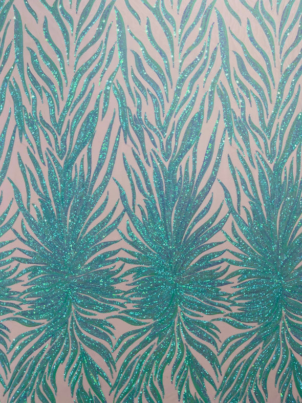 Mint Iridescent Phoenix Feather Design with Sequins Embroider on a White 4 way Stretch Mesh Fabric- Sold by the yard.